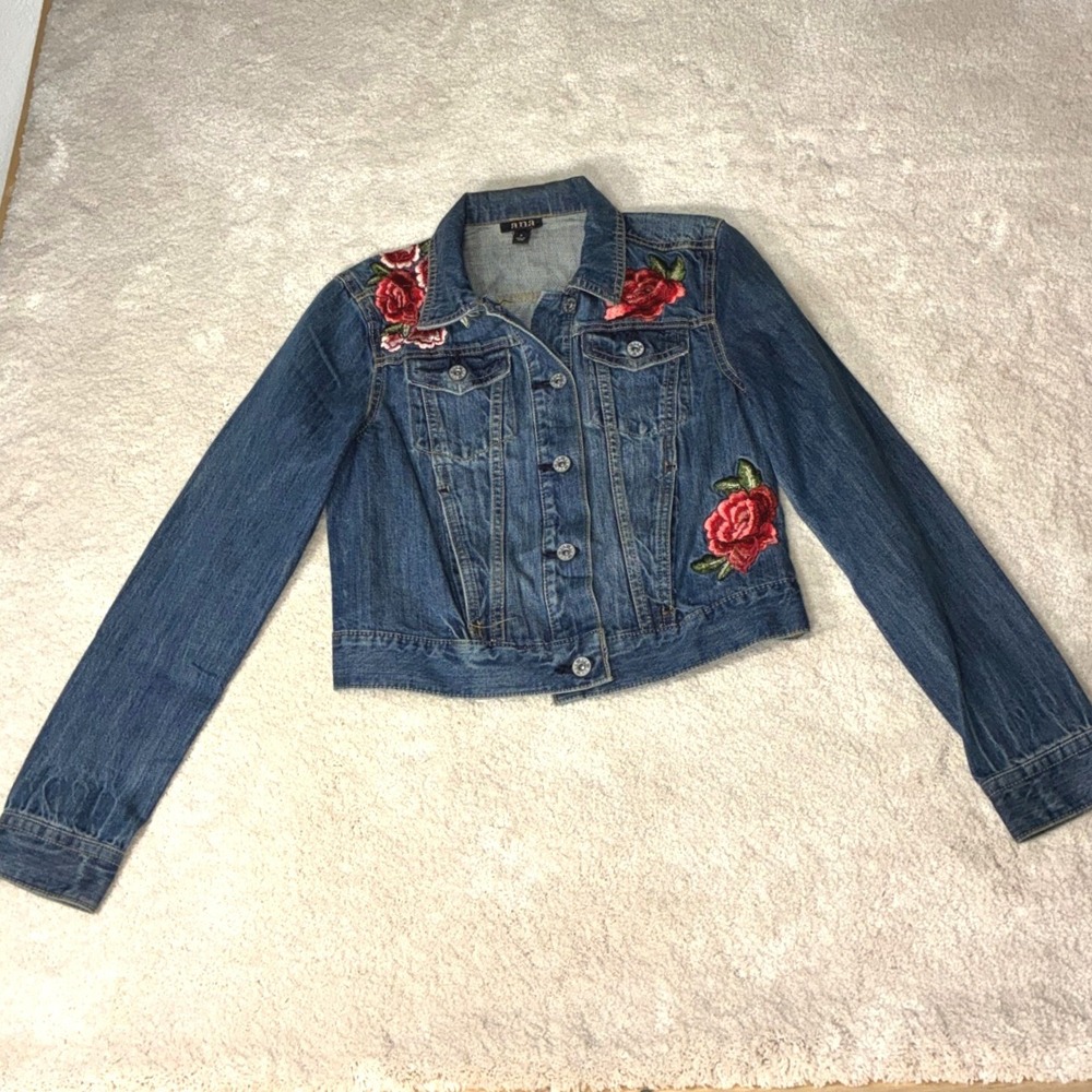 a.n.a Blue Denim Jacket - S - Rose Embroidered Floral Boho Trucker Jean Jacket